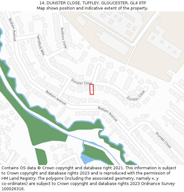 14, DUNSTER CLOSE, TUFFLEY, GLOUCESTER, GL4 0TP: Location map and indicative extent of plot