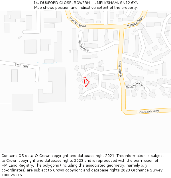 14, DUXFORD CLOSE, BOWERHILL, MELKSHAM, SN12 6XN: Location map and indicative extent of plot