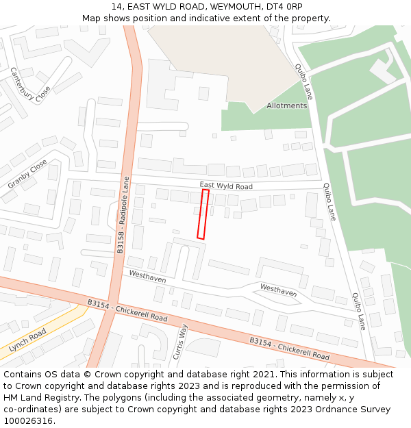 14, EAST WYLD ROAD, WEYMOUTH, DT4 0RP: Location map and indicative extent of plot