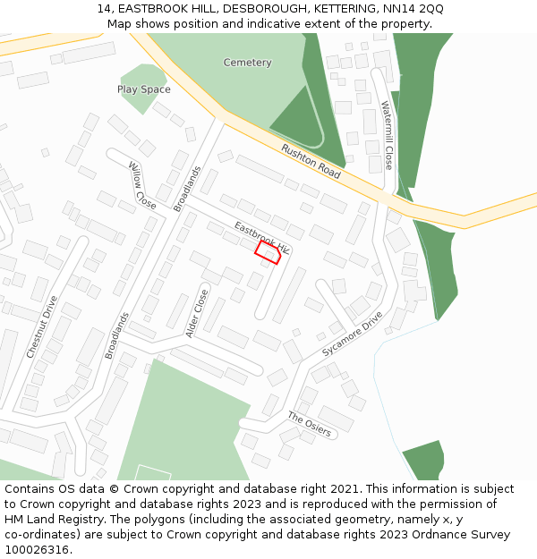 14, EASTBROOK HILL, DESBOROUGH, KETTERING, NN14 2QQ: Location map and indicative extent of plot