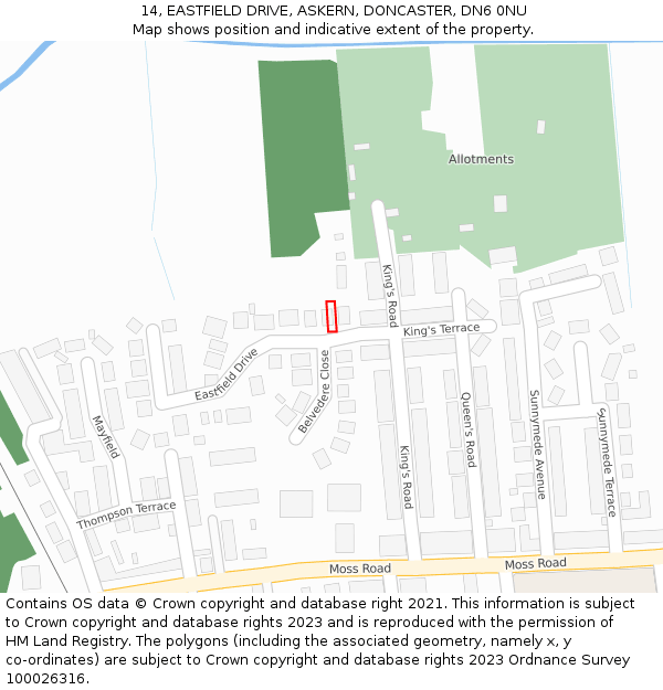 14, EASTFIELD DRIVE, ASKERN, DONCASTER, DN6 0NU: Location map and indicative extent of plot