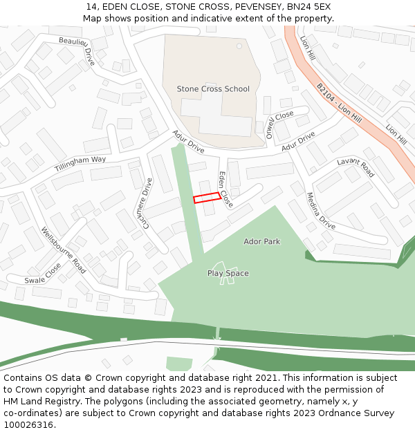 14, EDEN CLOSE, STONE CROSS, PEVENSEY, BN24 5EX: Location map and indicative extent of plot