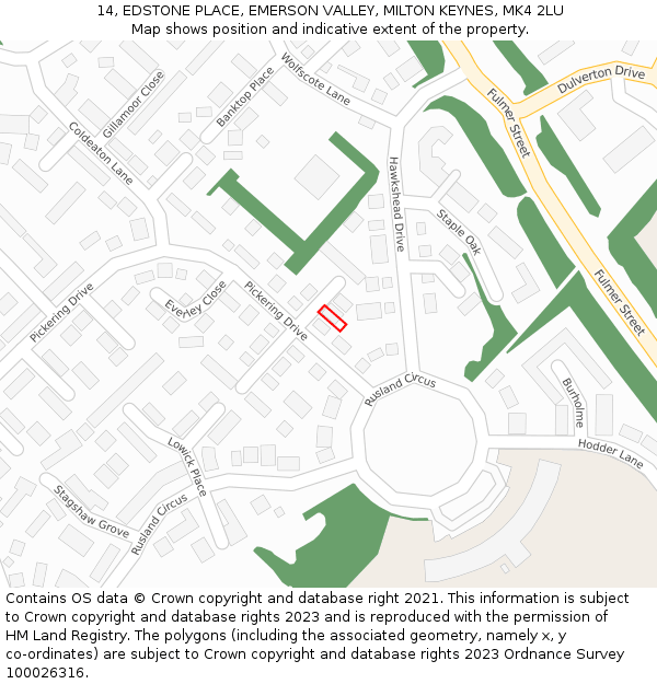 14, EDSTONE PLACE, EMERSON VALLEY, MILTON KEYNES, MK4 2LU: Location map and indicative extent of plot