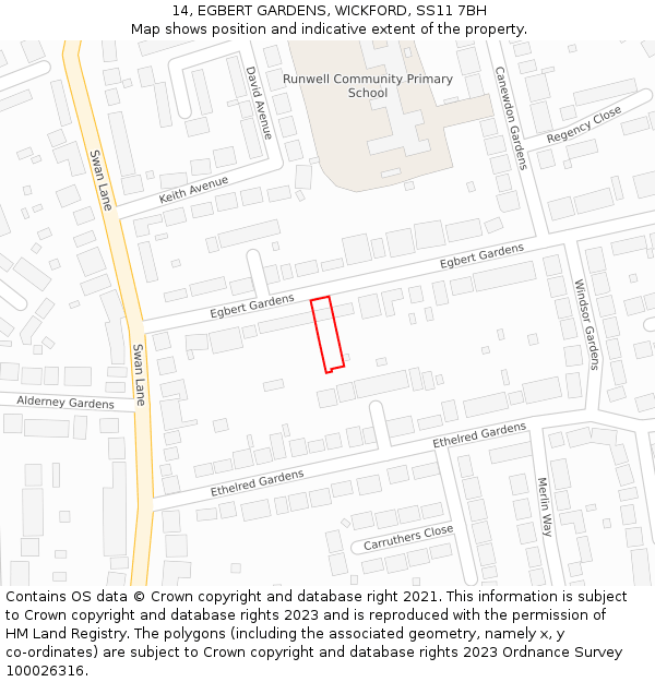 14, EGBERT GARDENS, WICKFORD, SS11 7BH: Location map and indicative extent of plot