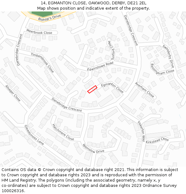 14, EGMANTON CLOSE, OAKWOOD, DERBY, DE21 2EL: Location map and indicative extent of plot