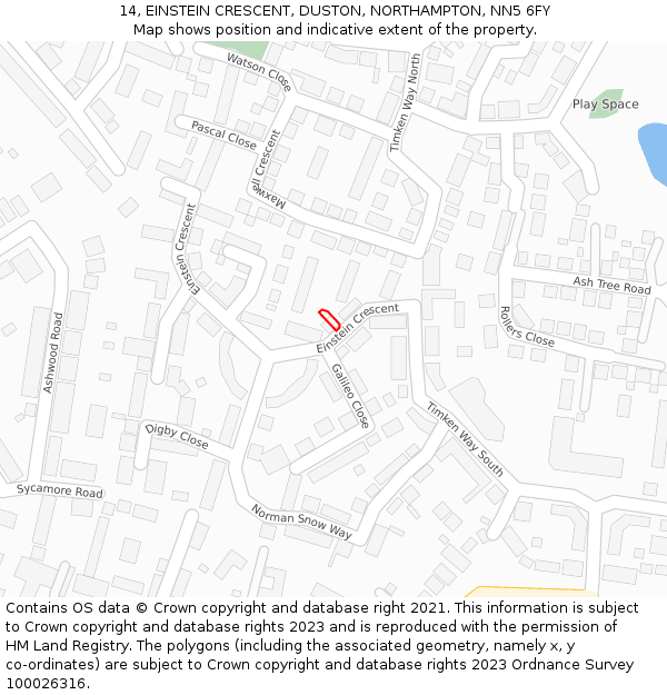 14, EINSTEIN CRESCENT, DUSTON, NORTHAMPTON, NN5 6FY: Location map and indicative extent of plot