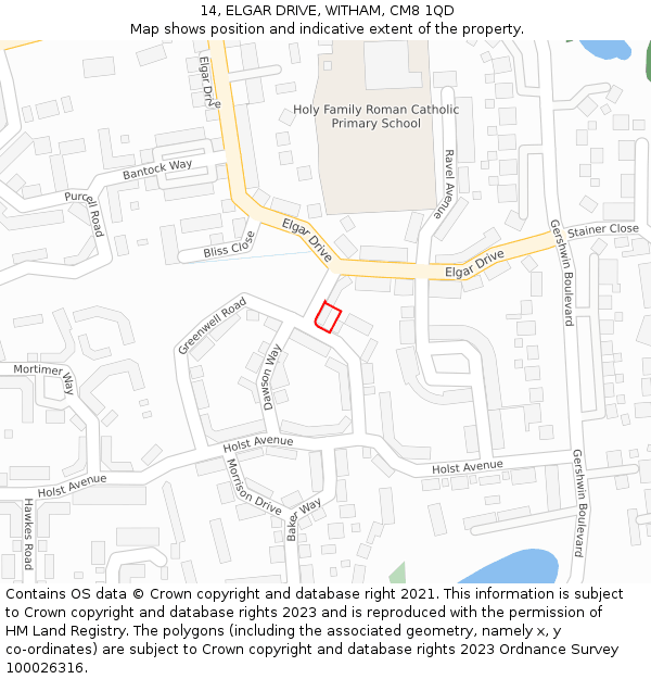 14, ELGAR DRIVE, WITHAM, CM8 1QD: Location map and indicative extent of plot