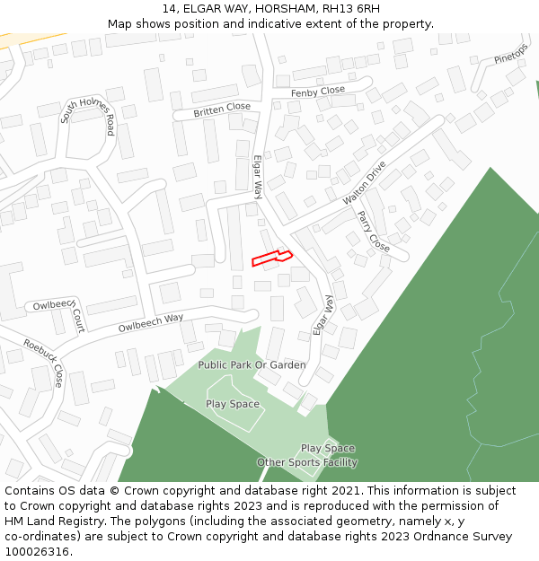 14, ELGAR WAY, HORSHAM, RH13 6RH: Location map and indicative extent of plot