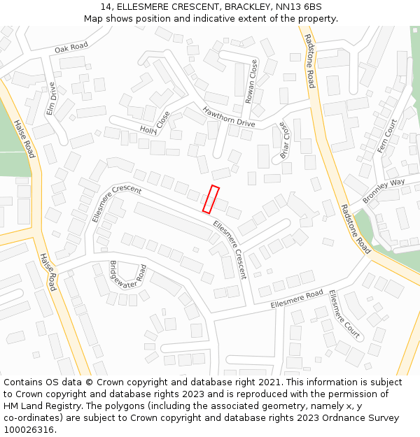 14, ELLESMERE CRESCENT, BRACKLEY, NN13 6BS: Location map and indicative extent of plot