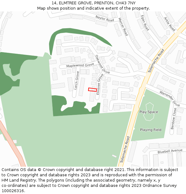 14, ELMTREE GROVE, PRENTON, CH43 7NY: Location map and indicative extent of plot