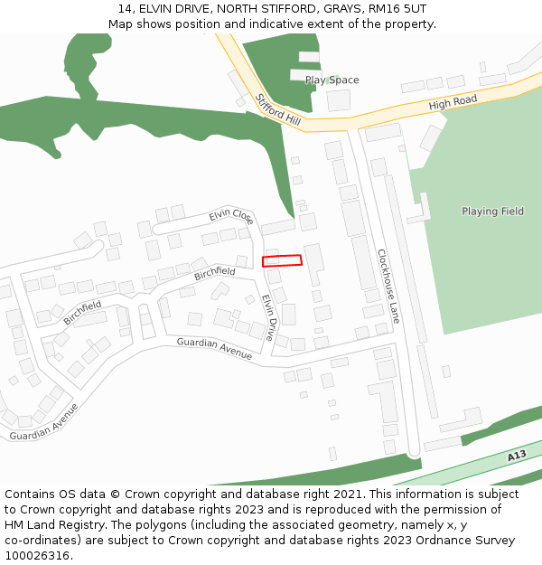 14, ELVIN DRIVE, NORTH STIFFORD, GRAYS, RM16 5UT: Location map and indicative extent of plot