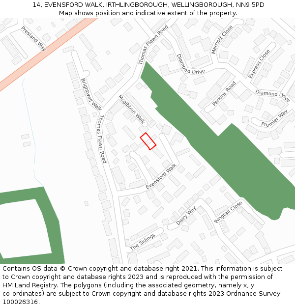 14, EVENSFORD WALK, IRTHLINGBOROUGH, WELLINGBOROUGH, NN9 5PD: Location map and indicative extent of plot