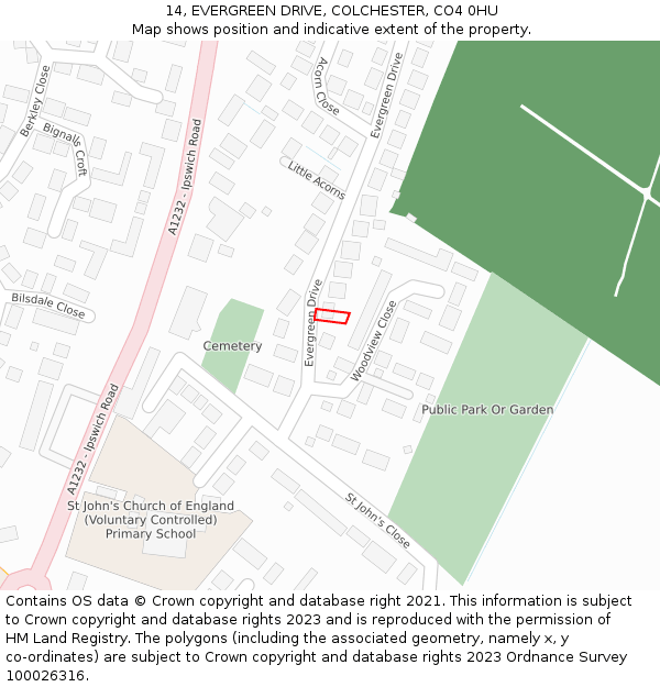 14, EVERGREEN DRIVE, COLCHESTER, CO4 0HU: Location map and indicative extent of plot