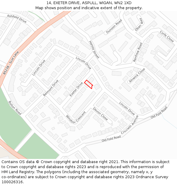 14, EXETER DRIVE, ASPULL, WIGAN, WN2 1XD: Location map and indicative extent of plot