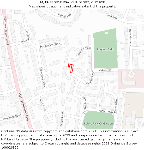 14, FAIRBORNE WAY, GUILDFORD, GU2 9GB: Location map and indicative extent of plot