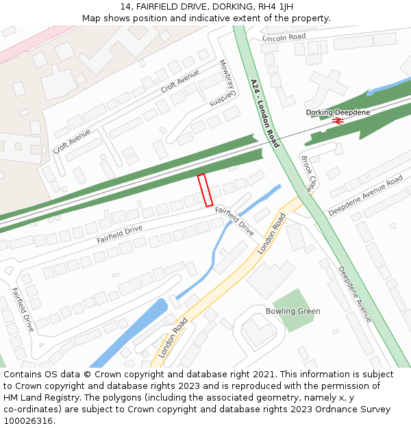 14, FAIRFIELD DRIVE, DORKING, RH4 1JH: Location map and indicative extent of plot