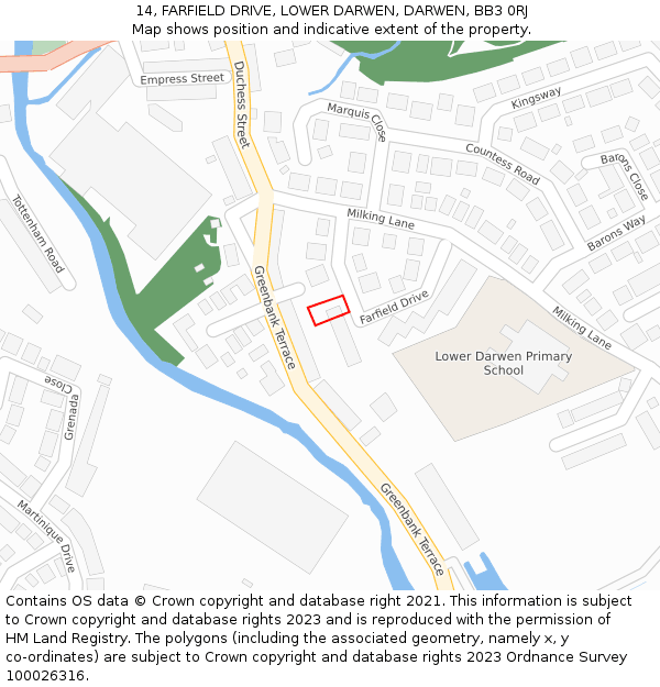 14, FARFIELD DRIVE, LOWER DARWEN, DARWEN, BB3 0RJ: Location map and indicative extent of plot