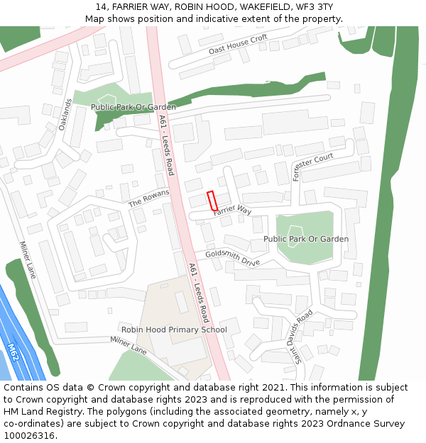 14, FARRIER WAY, ROBIN HOOD, WAKEFIELD, WF3 3TY: Location map and indicative extent of plot
