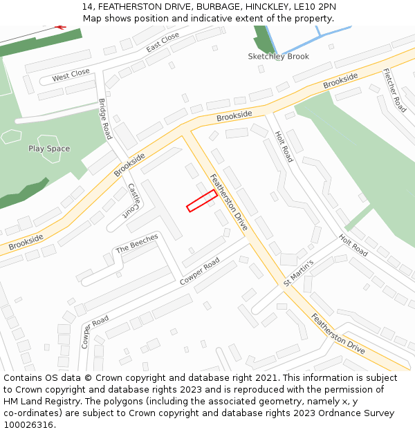 14, FEATHERSTON DRIVE, BURBAGE, HINCKLEY, LE10 2PN: Location map and indicative extent of plot