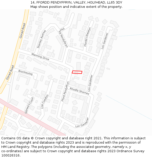 14, FFORDD PENDYFFRYN, VALLEY, HOLYHEAD, LL65 3DY: Location map and indicative extent of plot