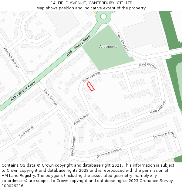 14, FIELD AVENUE, CANTERBURY, CT1 1TP: Location map and indicative extent of plot