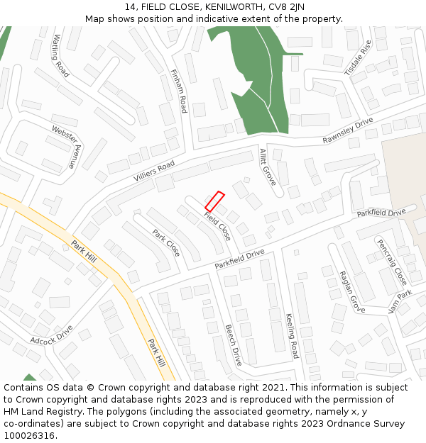 14, FIELD CLOSE, KENILWORTH, CV8 2JN: Location map and indicative extent of plot