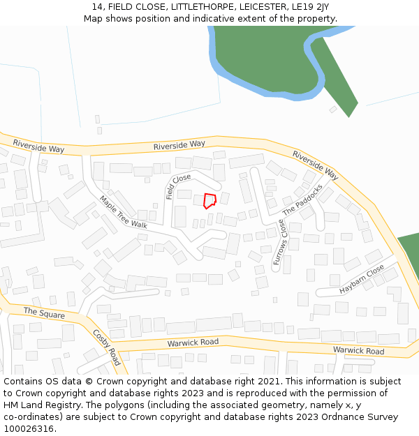 14, FIELD CLOSE, LITTLETHORPE, LEICESTER, LE19 2JY: Location map and indicative extent of plot