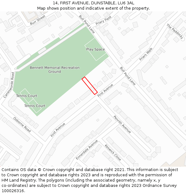 14, FIRST AVENUE, DUNSTABLE, LU6 3AL: Location map and indicative extent of plot