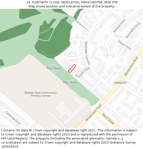 14, FLEETWITH CLOSE, MIDDLETON, MANCHESTER, M24 5TB: Location map and indicative extent of plot