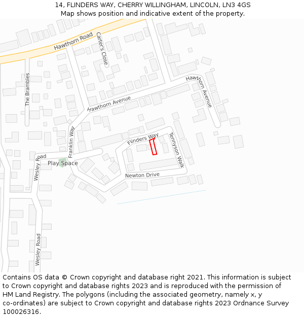 14, FLINDERS WAY, CHERRY WILLINGHAM, LINCOLN, LN3 4GS: Location map and indicative extent of plot