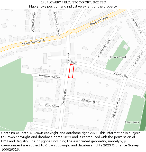 14, FLOWERY FIELD, STOCKPORT, SK2 7ED: Location map and indicative extent of plot