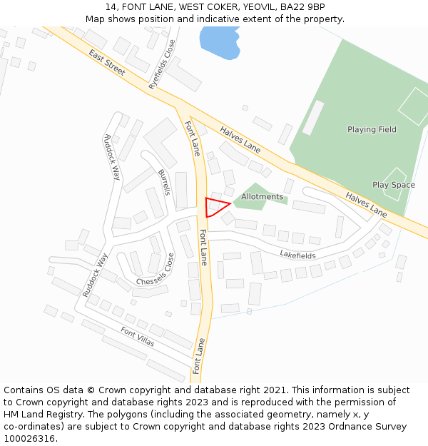 14, FONT LANE, WEST COKER, YEOVIL, BA22 9BP: Location map and indicative extent of plot