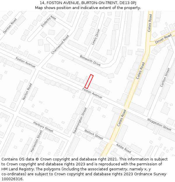 14, FOSTON AVENUE, BURTON-ON-TRENT, DE13 0PJ: Location map and indicative extent of plot