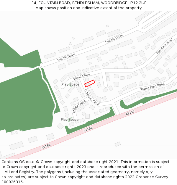 14, FOUNTAIN ROAD, RENDLESHAM, WOODBRIDGE, IP12 2UF: Location map and indicative extent of plot