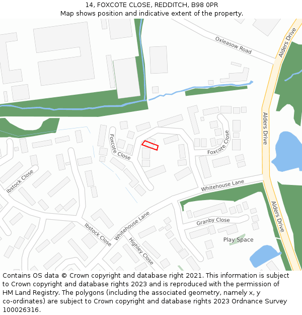 14, FOXCOTE CLOSE, REDDITCH, B98 0PR: Location map and indicative extent of plot