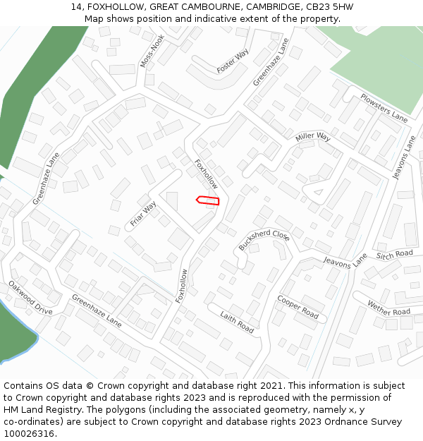 14, FOXHOLLOW, GREAT CAMBOURNE, CAMBRIDGE, CB23 5HW: Location map and indicative extent of plot