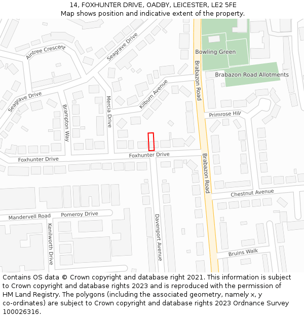 14, FOXHUNTER DRIVE, OADBY, LEICESTER, LE2 5FE: Location map and indicative extent of plot