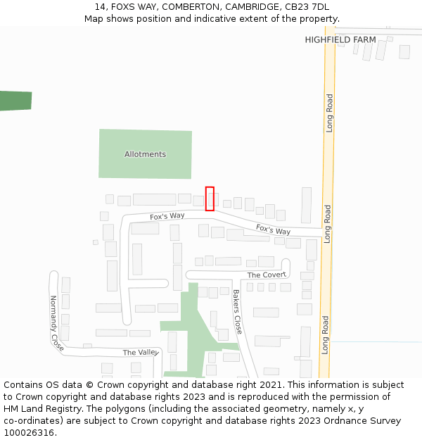 14, FOXS WAY, COMBERTON, CAMBRIDGE, CB23 7DL: Location map and indicative extent of plot