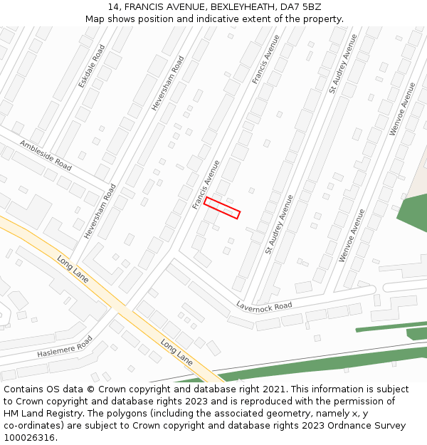 14, FRANCIS AVENUE, BEXLEYHEATH, DA7 5BZ: Location map and indicative extent of plot