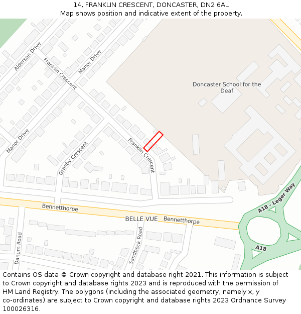 14, FRANKLIN CRESCENT, DONCASTER, DN2 6AL: Location map and indicative extent of plot