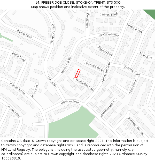 14, FREEBRIDGE CLOSE, STOKE-ON-TRENT, ST3 5XQ: Location map and indicative extent of plot