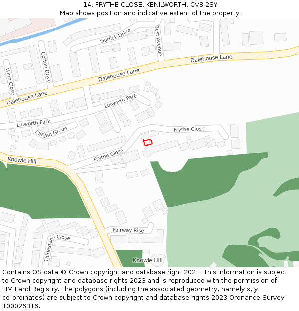 14, FRYTHE CLOSE, KENILWORTH, CV8 2SY: Location map and indicative extent of plot