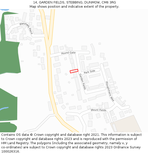14, GARDEN FIELDS, STEBBING, DUNMOW, CM6 3RG: Location map and indicative extent of plot