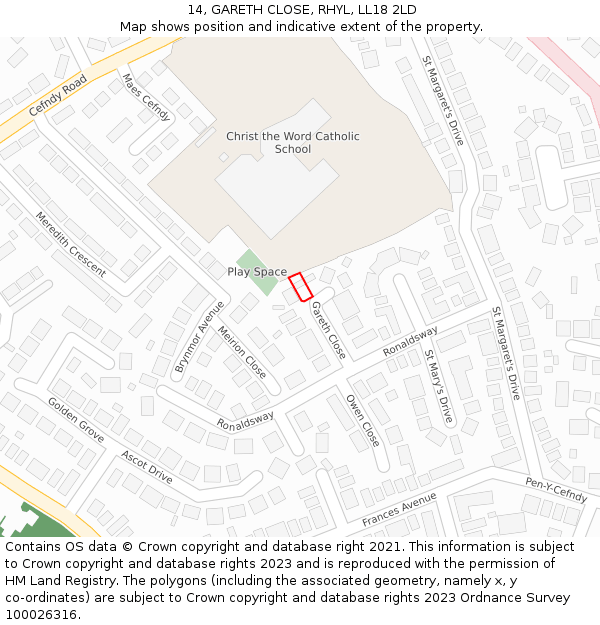 14, GARETH CLOSE, RHYL, LL18 2LD: Location map and indicative extent of plot