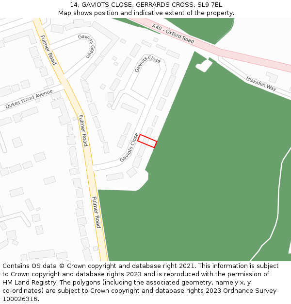 14, GAVIOTS CLOSE, GERRARDS CROSS, SL9 7EL: Location map and indicative extent of plot