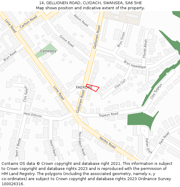 14, GELLIONEN ROAD, CLYDACH, SWANSEA, SA6 5HE: Location map and indicative extent of plot