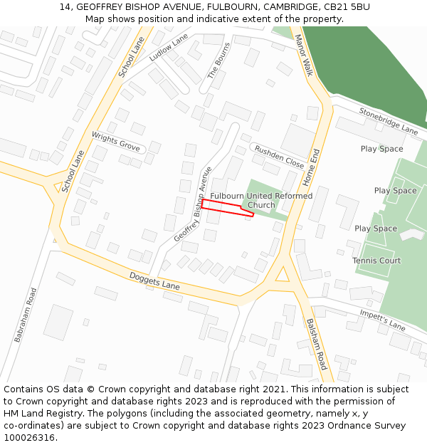 14, GEOFFREY BISHOP AVENUE, FULBOURN, CAMBRIDGE, CB21 5BU: Location map and indicative extent of plot