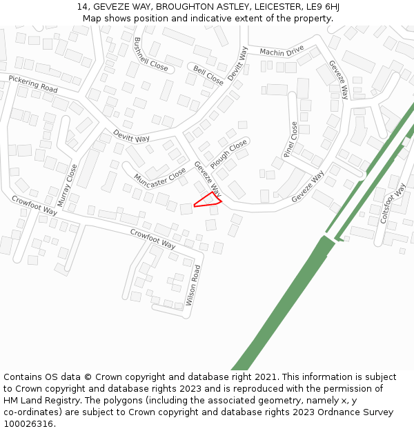 14, GEVEZE WAY, BROUGHTON ASTLEY, LEICESTER, LE9 6HJ: Location map and indicative extent of plot