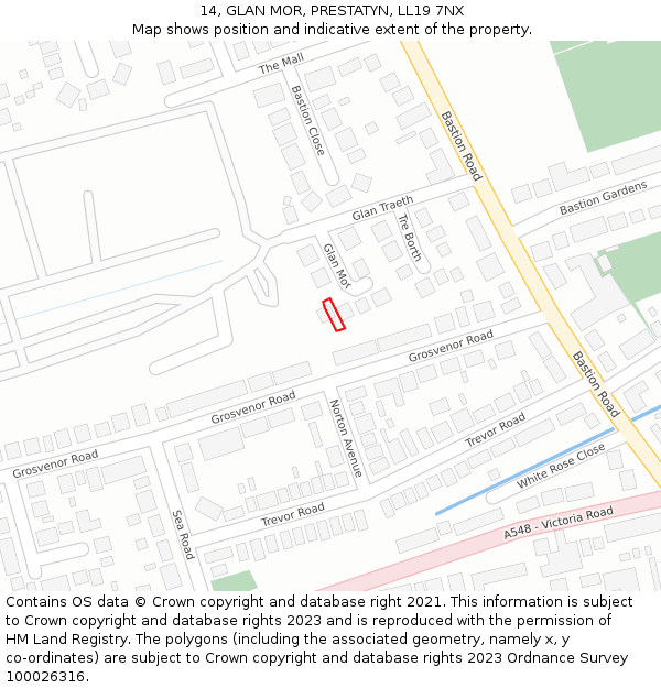 14, GLAN MOR, PRESTATYN, LL19 7NX: Location map and indicative extent of plot