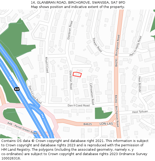 14, GLANBRAN ROAD, BIRCHGROVE, SWANSEA, SA7 9PD: Location map and indicative extent of plot